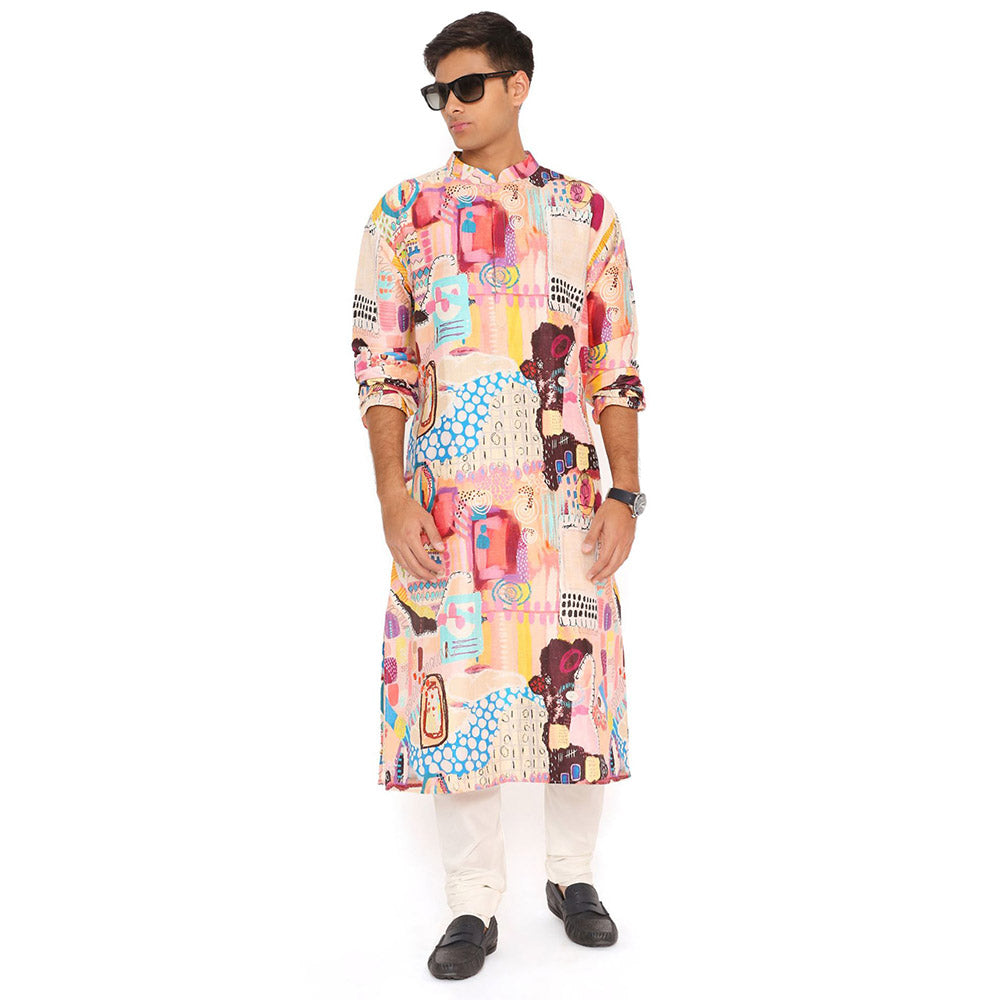 PS Men by Payal Singhal Trance Print Dupion Silk Kurta with Cotton Silk Churidar (Set of 2)