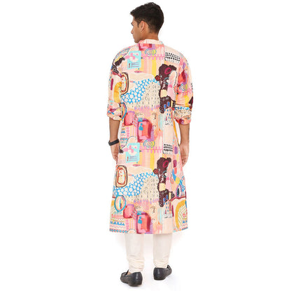 PS Men by Payal Singhal Trance Print Dupion Silk Kurta with Cotton Silk Churidar (Set of 2)