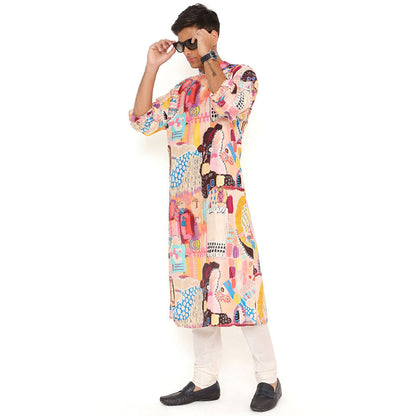 PS Men by Payal Singhal Trance Print Dupion Silk Kurta with Cotton Silk Churidar (Set of 2)