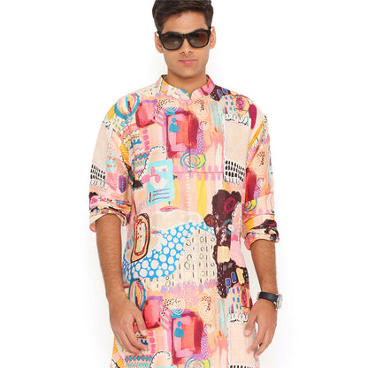 PS Men by Payal Singhal Trance Print Dupion Silk Kurta with Cotton Silk Churidar (Set of 2)