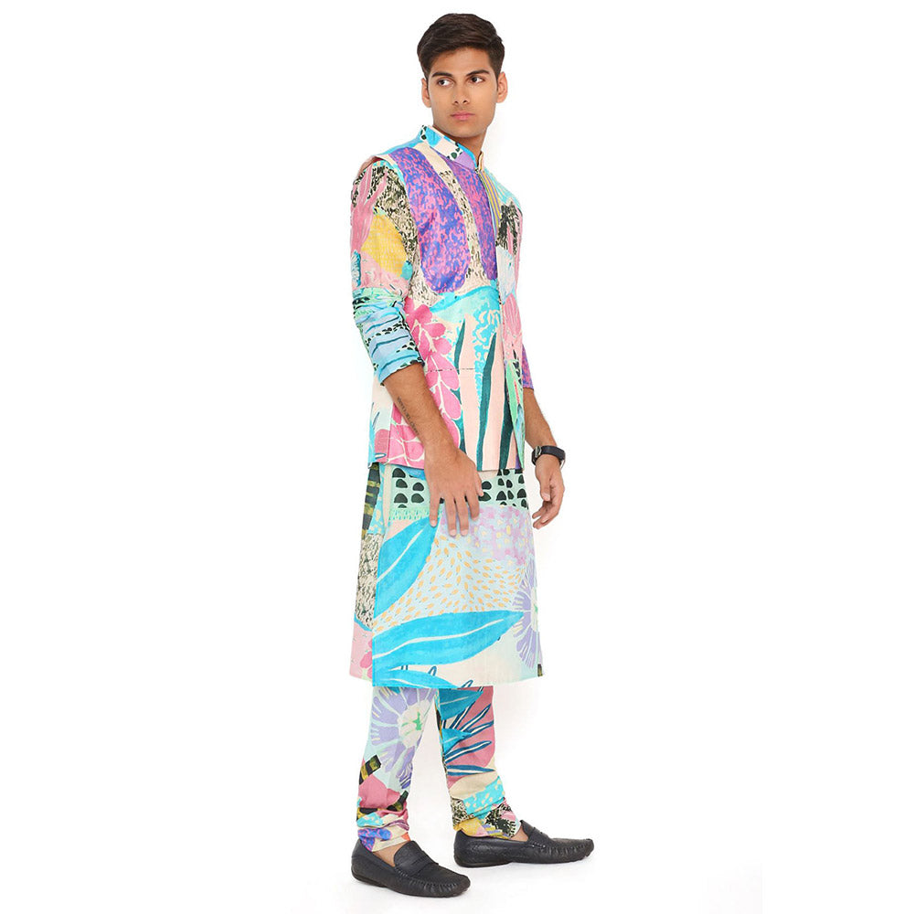 PS Men by Payal Singhal Aqua Tropical Print Dupion Silk Bandi Kurta and Churidar (Set of 3)