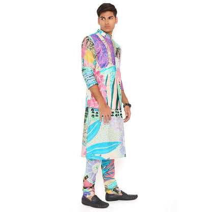 PS Men by Payal Singhal Aqua Tropical Print Dupion Silk Bandi Kurta and Churidar (Set of 3)