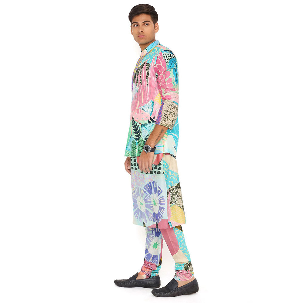 PS Men by Payal Singhal Aqua Tropical Print Dupion Silk Bandi Kurta and Churidar (Set of 3)