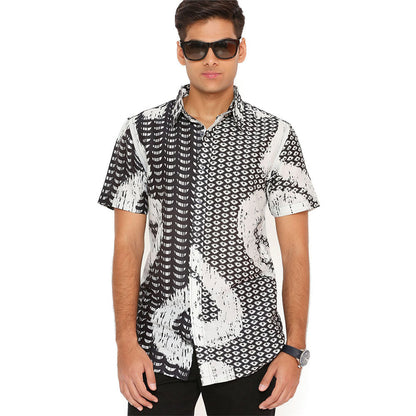 PS Men by Payal Singhal Black and White Uzbek Print Silkmul Shirt