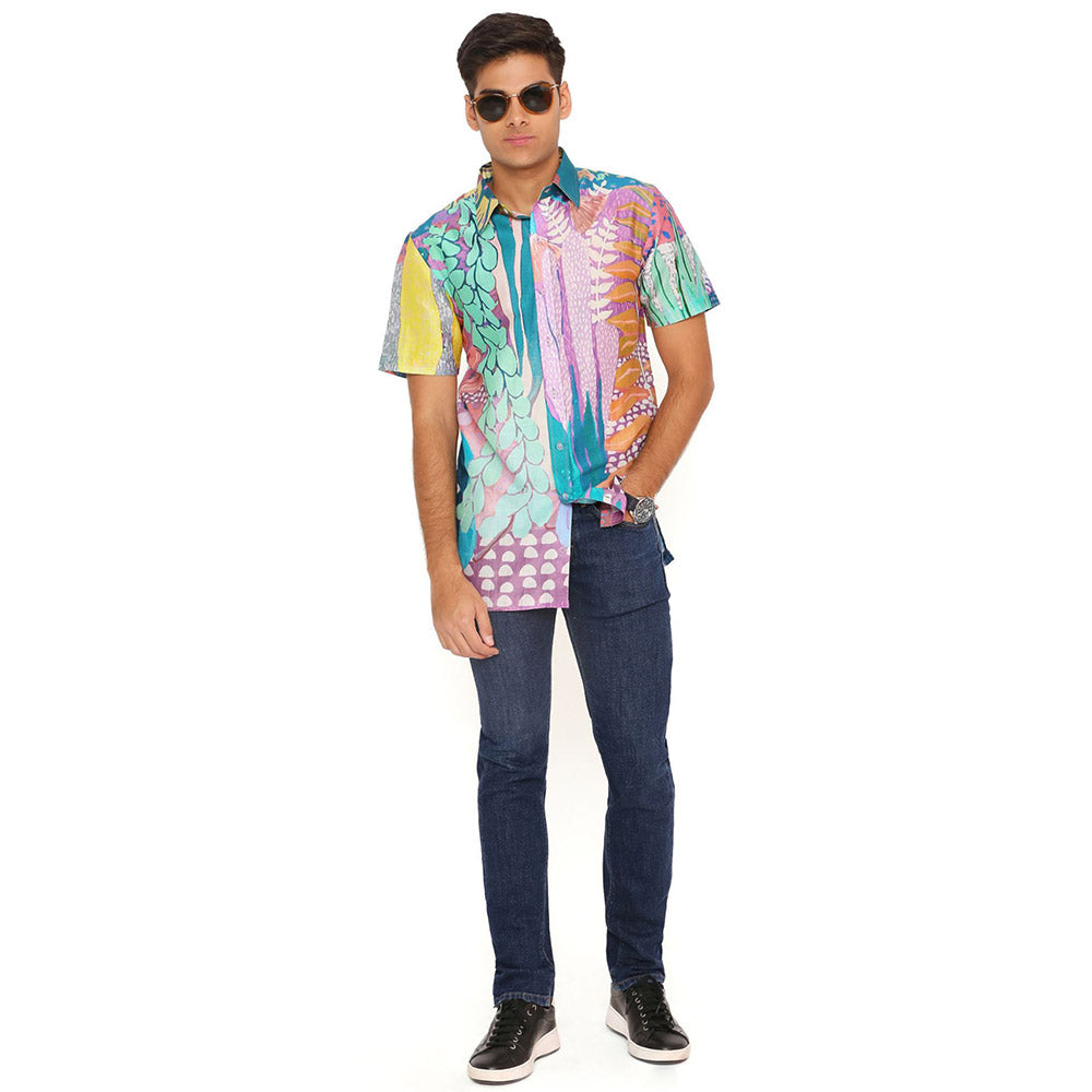 PS Men by Payal Singhal Purple Tropical Print Silkmul Shirt