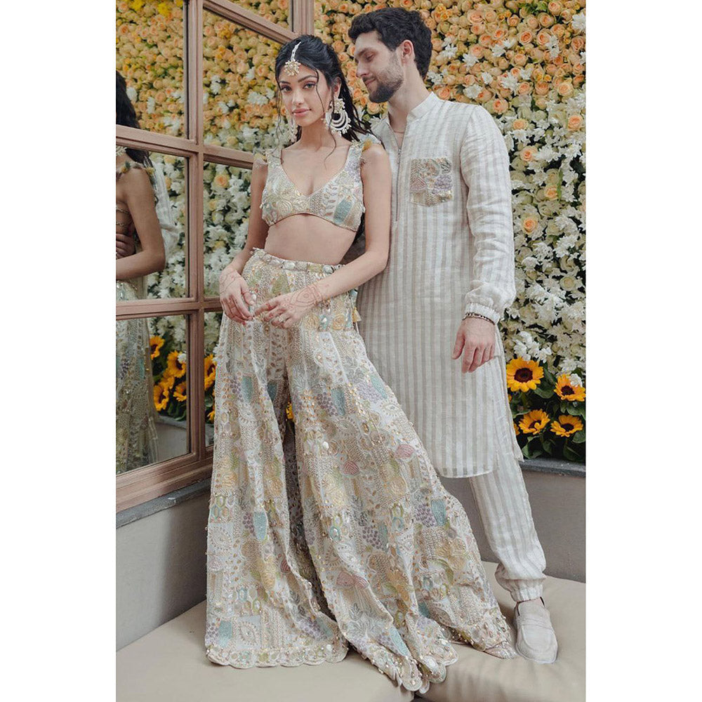 PS Men by Payal Singhal Off White Embroidered Bomber Kurta with Jogger Pant (Set of 2)