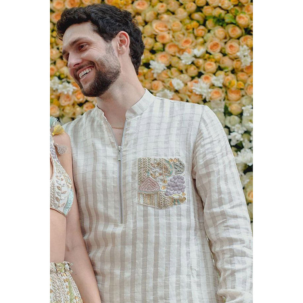 PS Men by Payal Singhal Off White Embroidered Bomber Kurta with Jogger Pant (Set of 2)