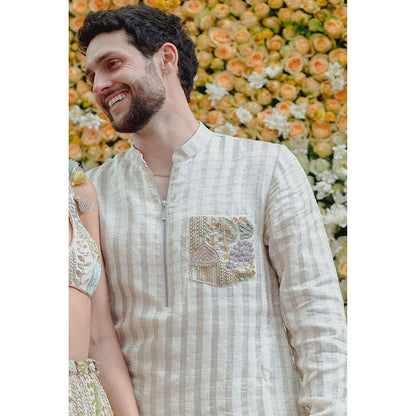 PS Men by Payal Singhal Off White Embroidered Bomber Kurta with Jogger Pant (Set of 2)