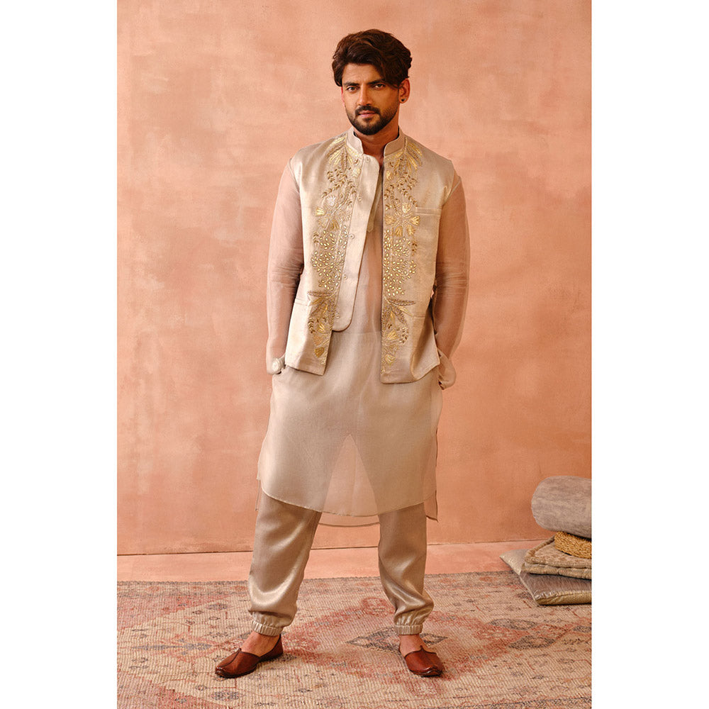 PS Men by Payal Singhal Grey Bagh Embroidered Kurta with Bandi, Jogger Pant (Set of 3)