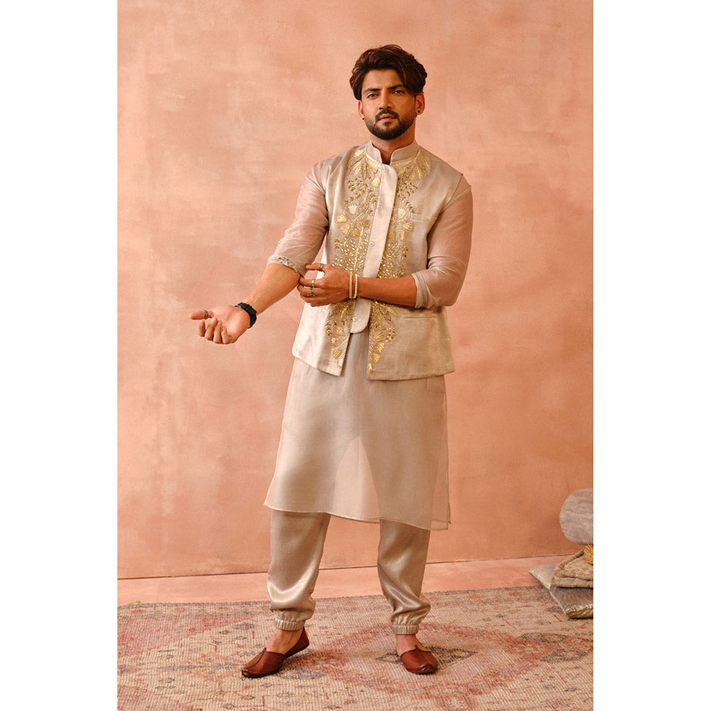 PS Men by Payal Singhal Grey Bagh Embroidered Kurta with Bandi, Jogger Pant (Set of 3)