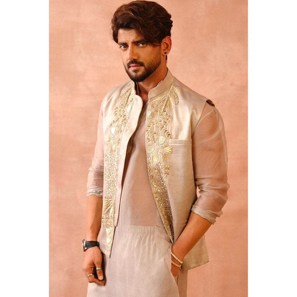 PS Men by Payal Singhal Grey Bagh Embroidered Kurta with Bandi, Jogger Pant (Set of 3)