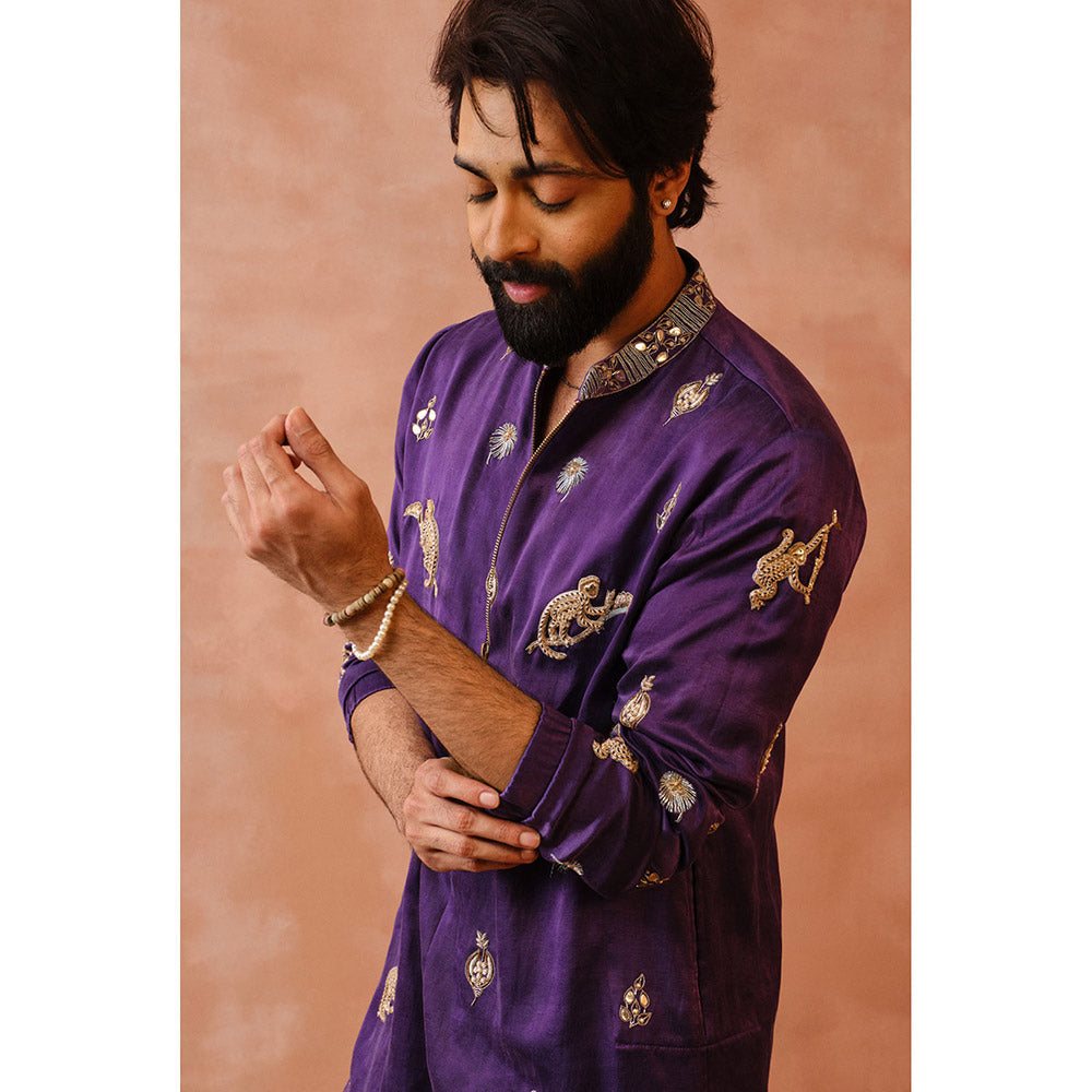 PS Men by Payal Singhal Purple Embroidered Bomber Kurta with Jogger Pant (Set of 2)