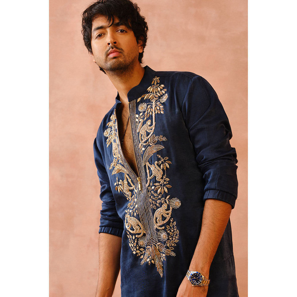 PS Men by Payal Singhal Navy Embroidered Bomber Kurta with Jogger Pant (Set of 2)