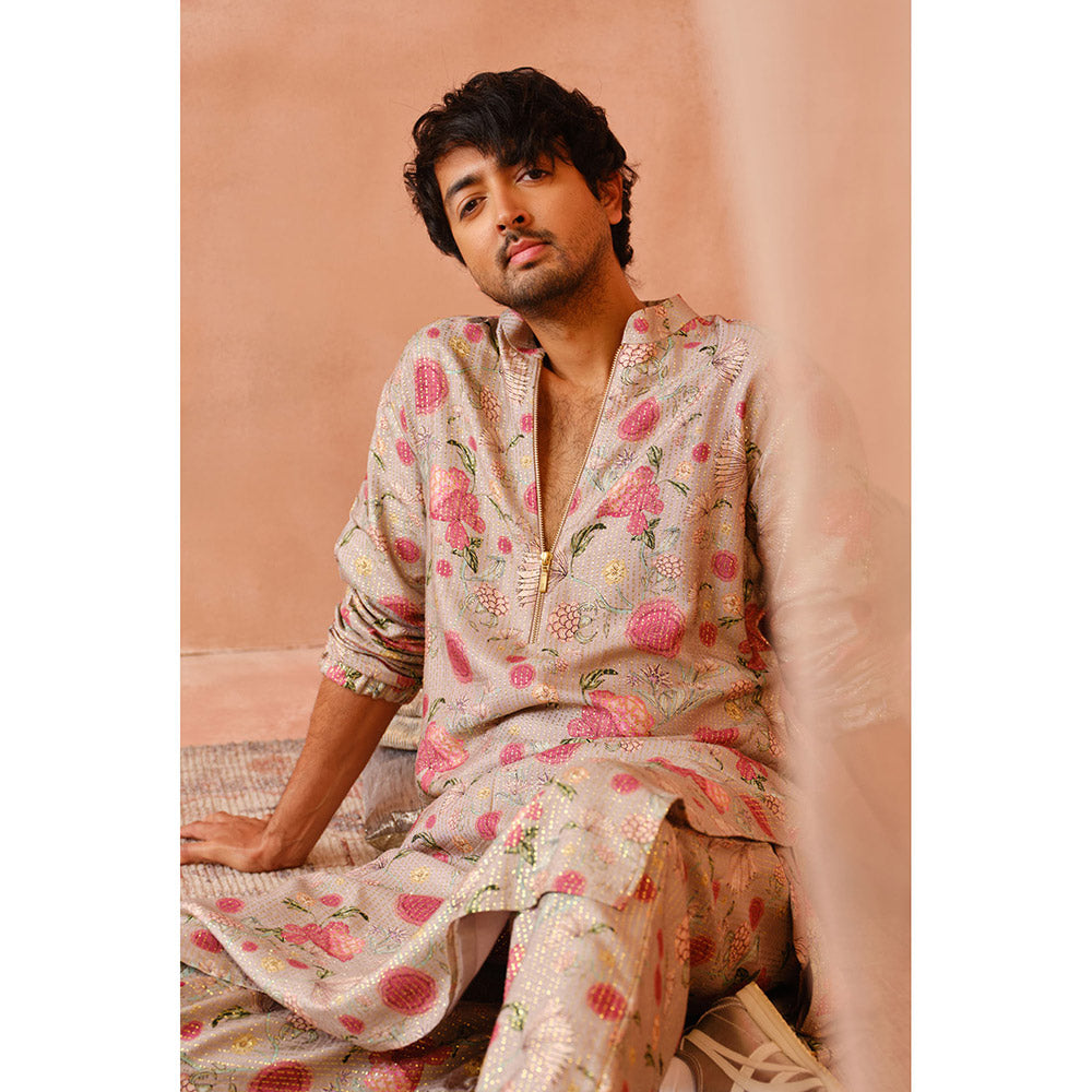 PS Men by Payal Singhal Grey Gulbagh Print Bomber Kurta with Jogger Pant (Set of 2)