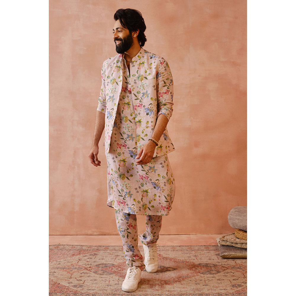 PS Men by Payal Singhal Pink Nargis Print Bandi Kurta with Bandi & Churidar (Set of 2)