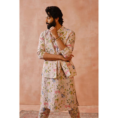 PS Men by Payal Singhal Pink Nargis Print Bandi Kurta with Bandi & Churidar (Set of 2)