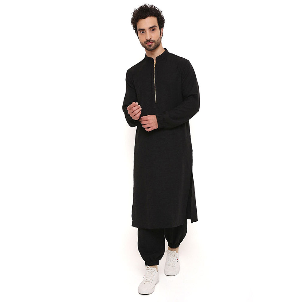 PS Men by Payal Singhal Black Soft Linen Kurta With Salwar Pant (Set of 2)