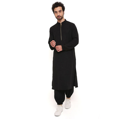PS Men by Payal Singhal Black Soft Linen Kurta With Salwar Pant (Set of 2)