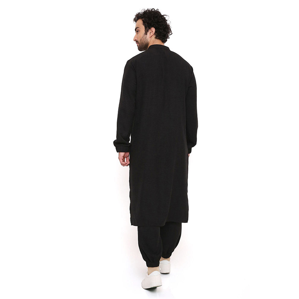 PS Men by Payal Singhal Black Soft Linen Kurta With Salwar Pant (Set of 2)