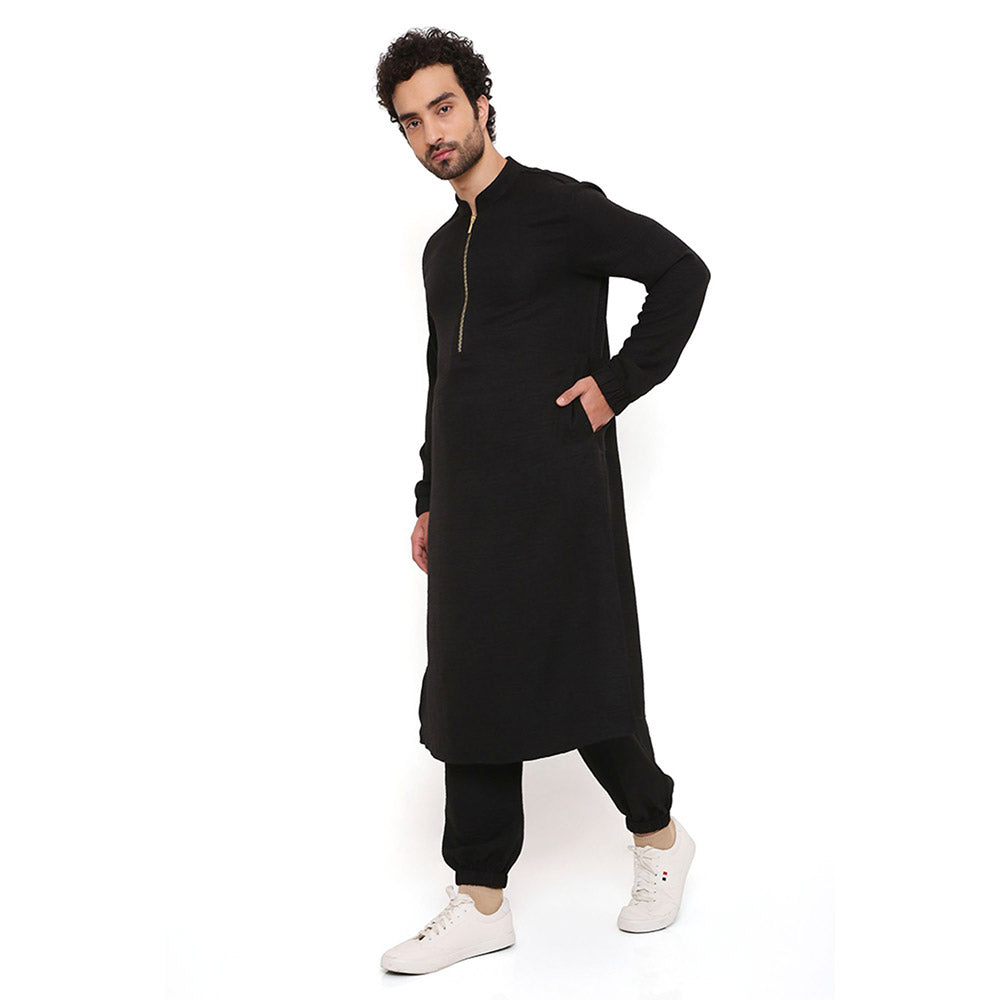 PS Men by Payal Singhal Black Soft Linen Kurta With Salwar Pant (Set of 2)