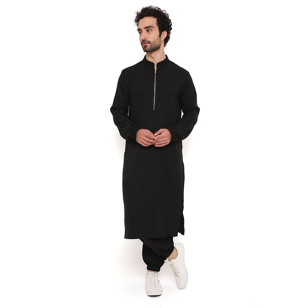 PS Men by Payal Singhal Black Soft Linen Kurta With Salwar Pant (Set of 2)