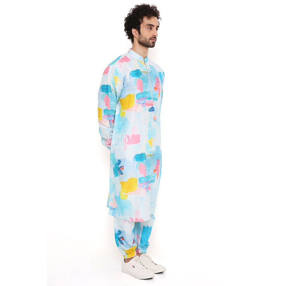 PS Men by Payal Singhal Painterly Print Dupion Silk Kurta With Salwar Pant (Set of 2)