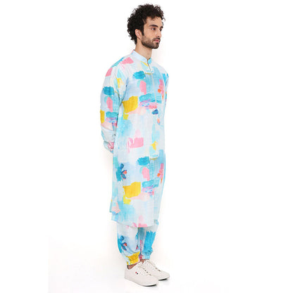 PS Men by Payal Singhal Painterly Print Dupion Silk Kurta With Salwar Pant (Set of 2)