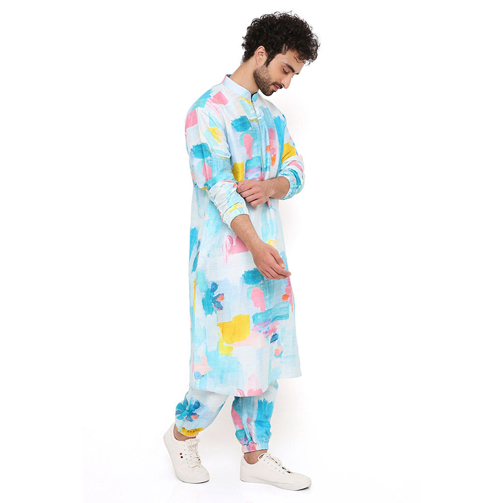 PS Men by Payal Singhal Painterly Print Dupion Silk Kurta With Salwar Pant (Set of 2)