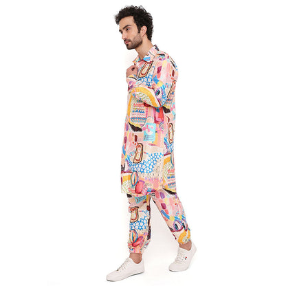 PS Men by Payal Singhal Trance Print Dupion Silk Pathani Kurta With Salwar Pant (Set of 2)