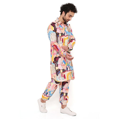 PS Men by Payal Singhal Trance Print Dupion Silk Pathani Kurta With Salwar Pant (Set of 2)