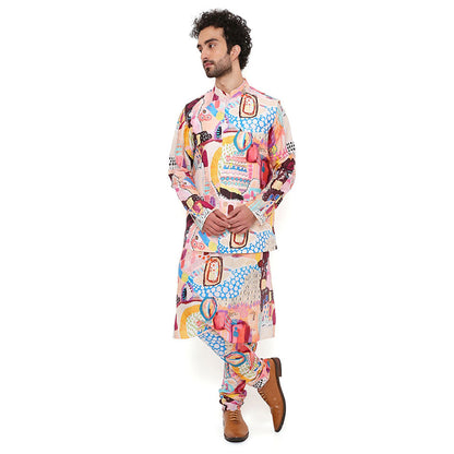 PS Men by Payal Singhal Trance Print Nehru Jacket With Silkmul Kurta And Churidar (Set of 3)
