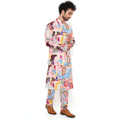 PS Men by Payal Singhal Trance Print Nehru Jacket With Silkmul Kurta And Churidar (Set of 3)