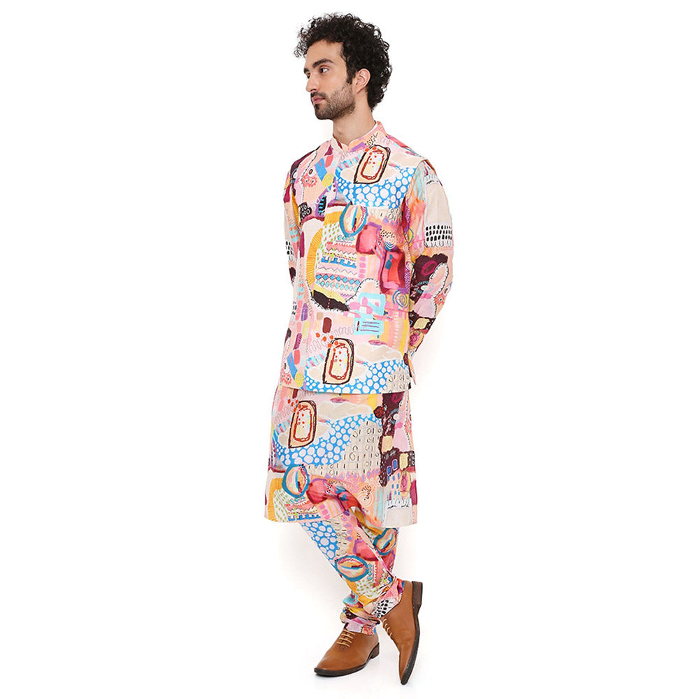 PS Men by Payal Singhal Trance Print Nehru Jacket With Silkmul Kurta And Churidar (Set of 3)