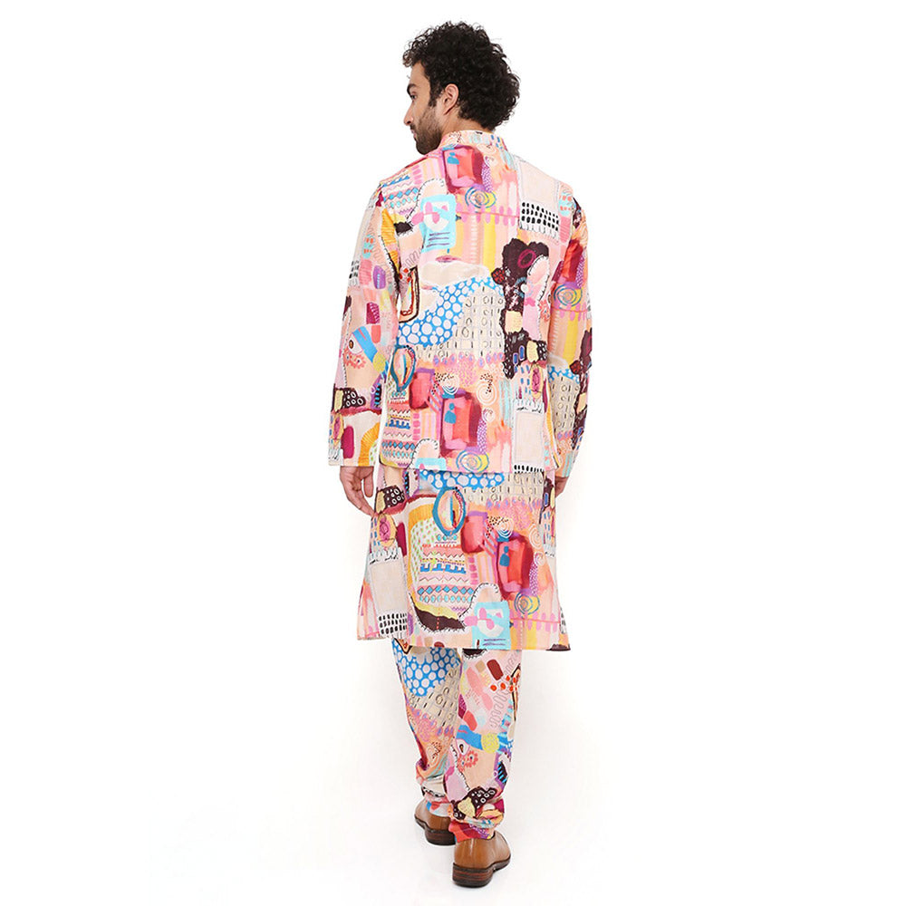 PS Men by Payal Singhal Trance Print Nehru Jacket With Silkmul Kurta And Churidar (Set of 3)