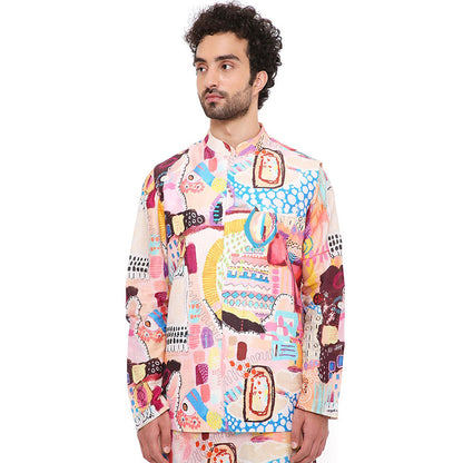 PS Men by Payal Singhal Trance Print Nehru Jacket With Silkmul Kurta And Churidar (Set of 3)