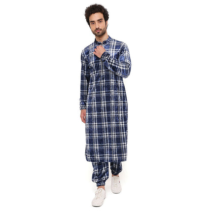 PS Men by Payal Singhal Navy With White Checks Velvet Kurta And Salwar Pant (Set of 2)