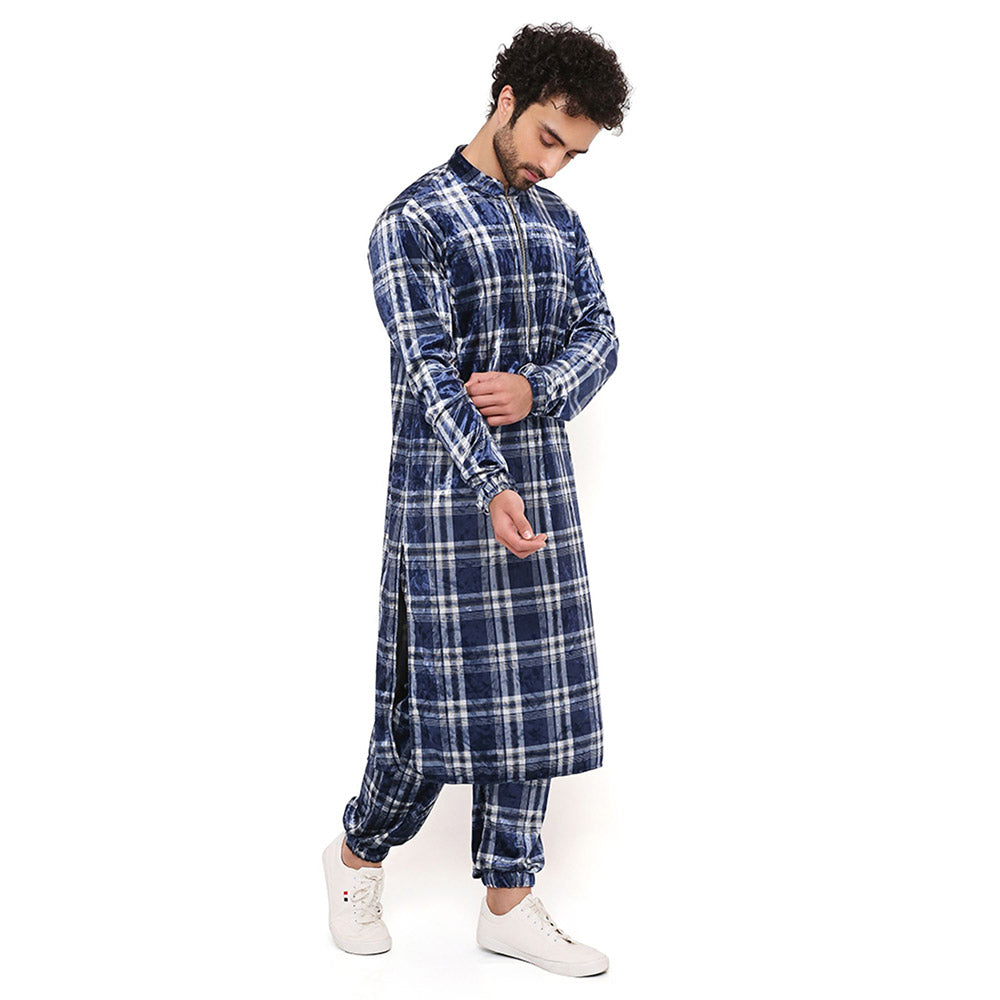 PS Men by Payal Singhal Navy With White Checks Velvet Kurta And Salwar Pant (Set of 2)