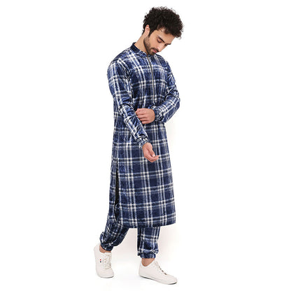 PS Men by Payal Singhal Navy With White Checks Velvet Kurta And Salwar Pant (Set of 2)
