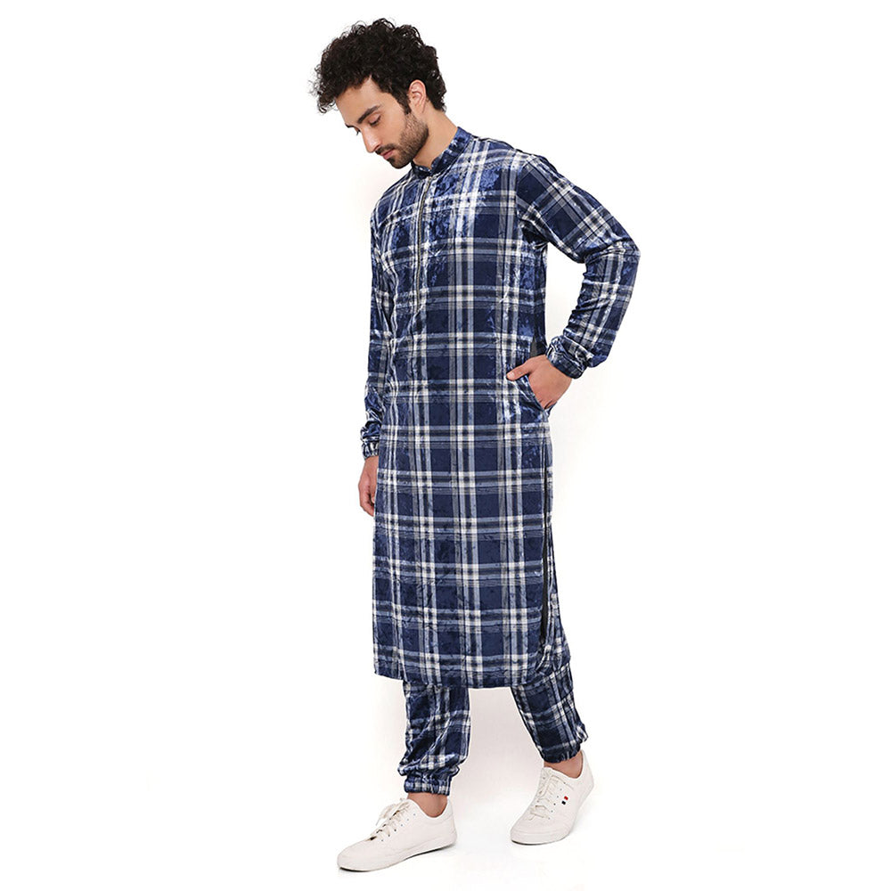 PS Men by Payal Singhal Navy With White Checks Velvet Kurta And Salwar Pant (Set of 2)