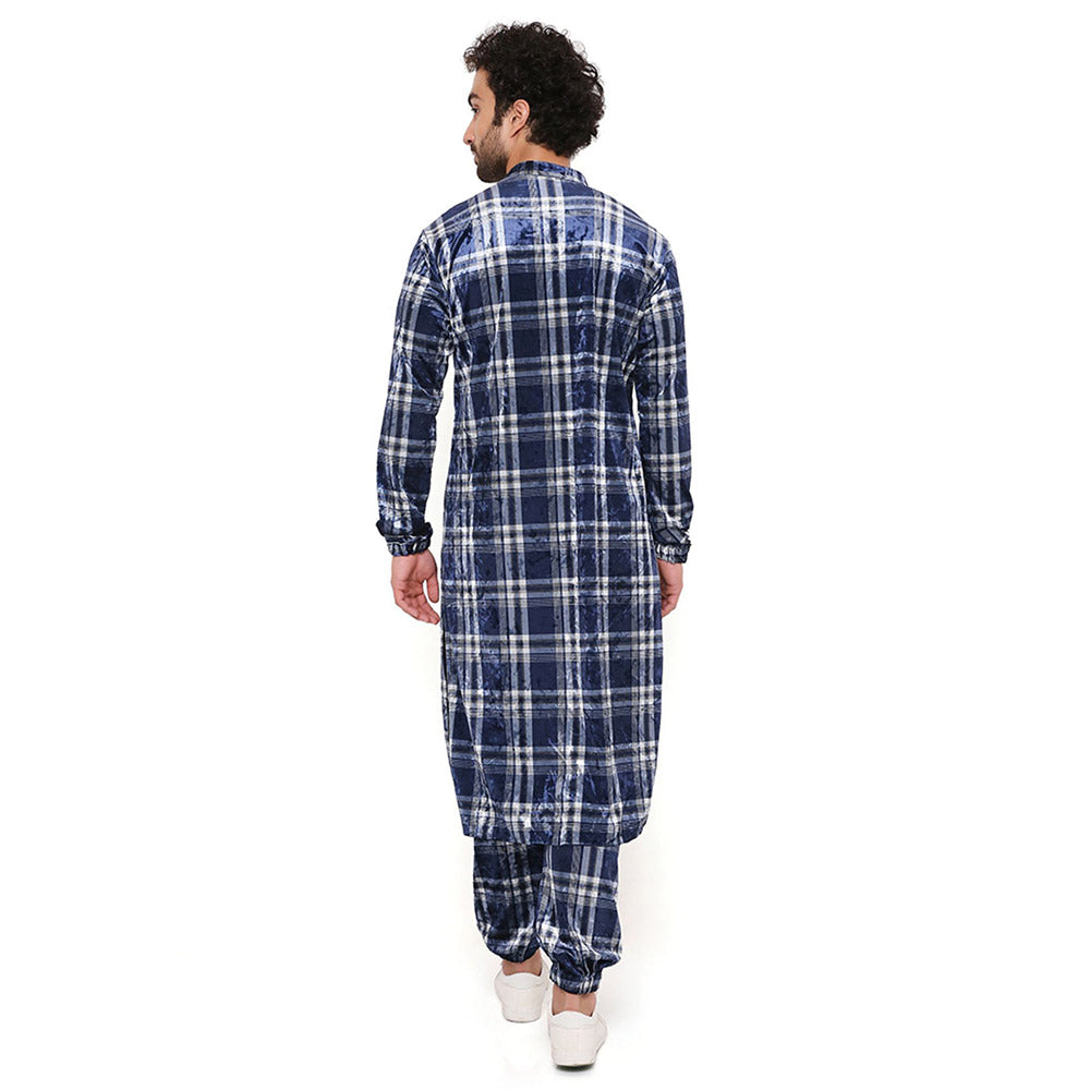 PS Men by Payal Singhal Navy With White Checks Velvet Kurta And Salwar Pant (Set of 2)