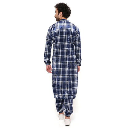 PS Men by Payal Singhal Navy With White Checks Velvet Kurta And Salwar Pant (Set of 2)