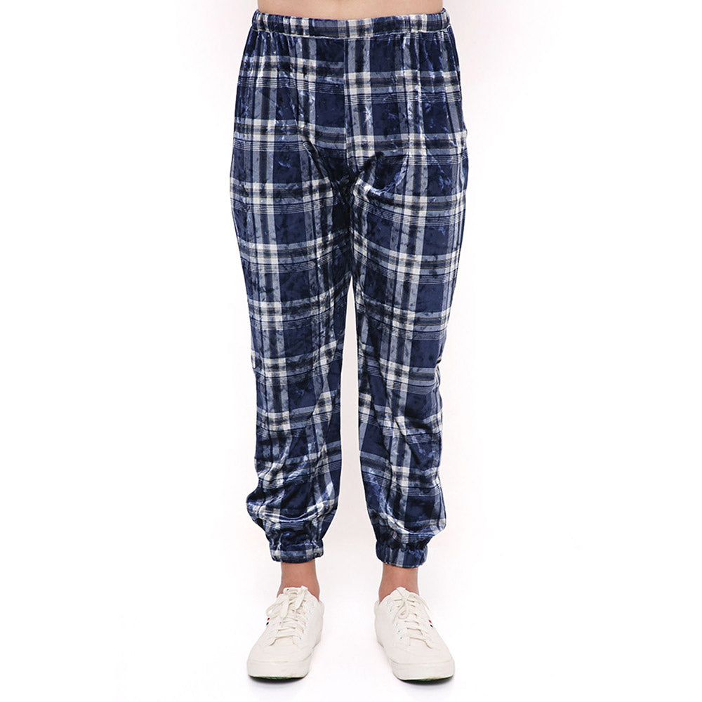 PS Men by Payal Singhal Navy With White Checks Velvet Kurta And Salwar Pant (Set of 2)