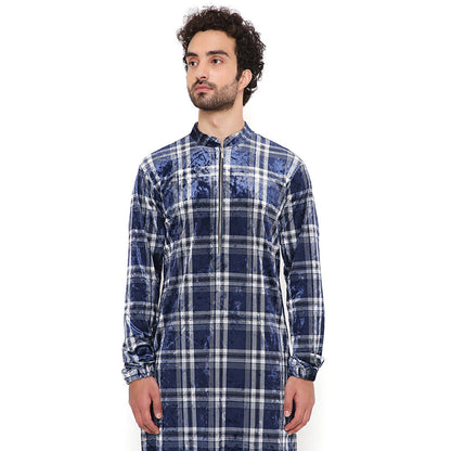 PS Men by Payal Singhal Navy With White Checks Velvet Kurta And Salwar Pant (Set of 2)