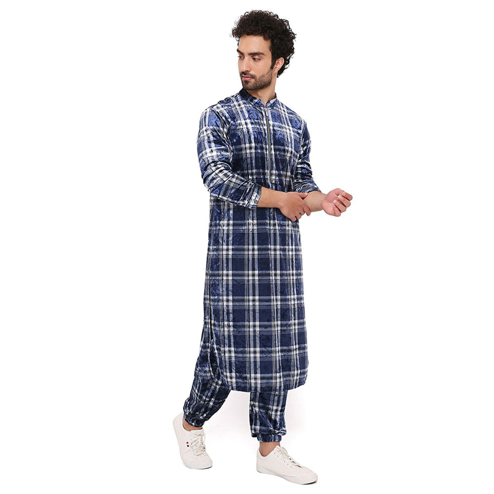 PS Men by Payal Singhal Navy With White Checks Velvet Kurta And Salwar Pant (Set of 2)