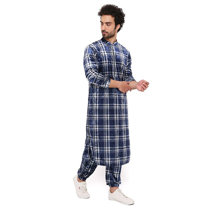 PS Men by Payal Singhal Navy With White Checks Velvet Kurta And Salwar Pant (Set of 2)