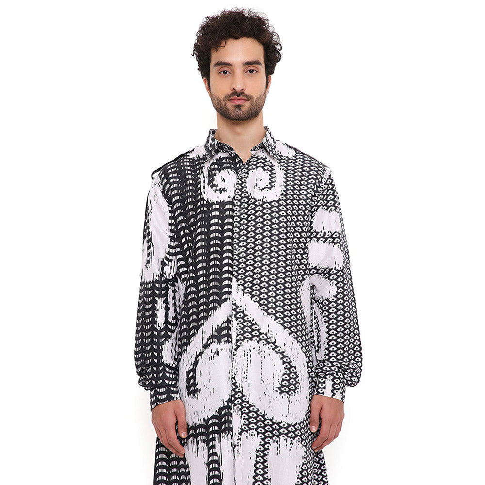 PS Men by Payal Singhal Multi Uzbec Print Dupion Silk Pathani Kurta With Salwar Pant (Set of 2)