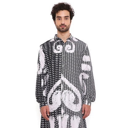 PS Men by Payal Singhal Multi Uzbec Print Dupion Silk Pathani Kurta With Salwar Pant (Set of 2)