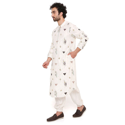 PS Men by Payal Singhal Off White Abla Silk Embroidered Kurta With Salwar Pant (Set of 2)