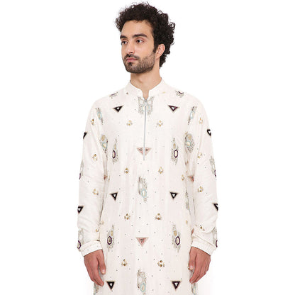 PS Men by Payal Singhal Off White Abla Silk Embroidered Kurta With Salwar Pant (Set of 2)