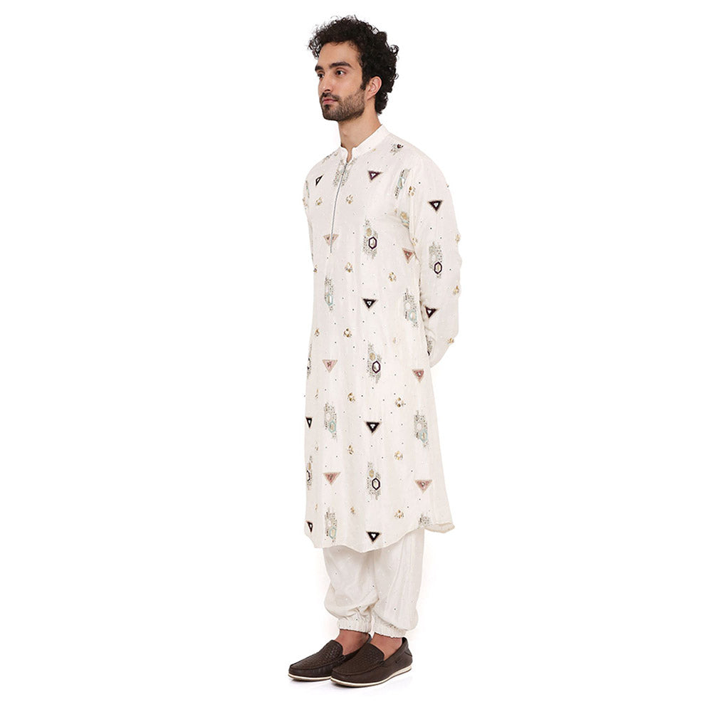 PS Men by Payal Singhal Off White Abla Silk Embroidered Kurta With Salwar Pant (Set of 2)